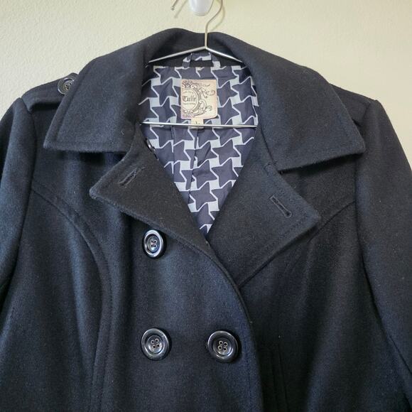 Tulle Black Wool Blend Peacoat Womens Size L Double Breasted Star Print Lining - Picture 2 of 15